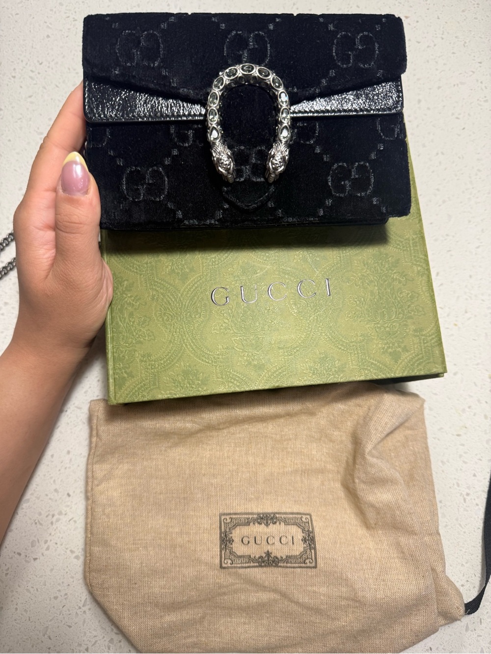 Gucci Black Velvet Dionysus Shoulder Bag with Silver Hardware